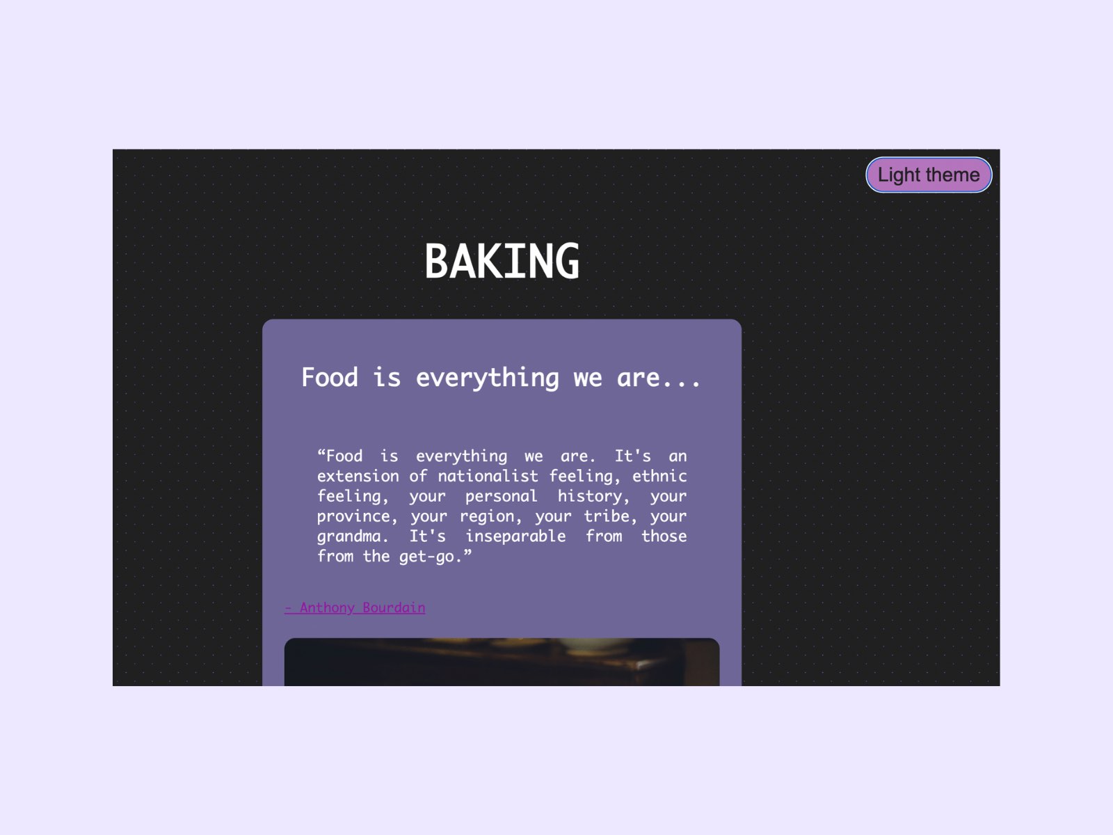Screenshot of Baking theme page